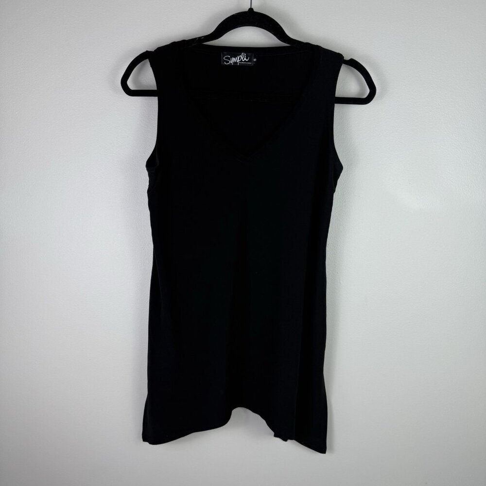 Sympli Black Sleeveless V Neck Tunic Long Stretch Top Made in Canada Size 6 Tall